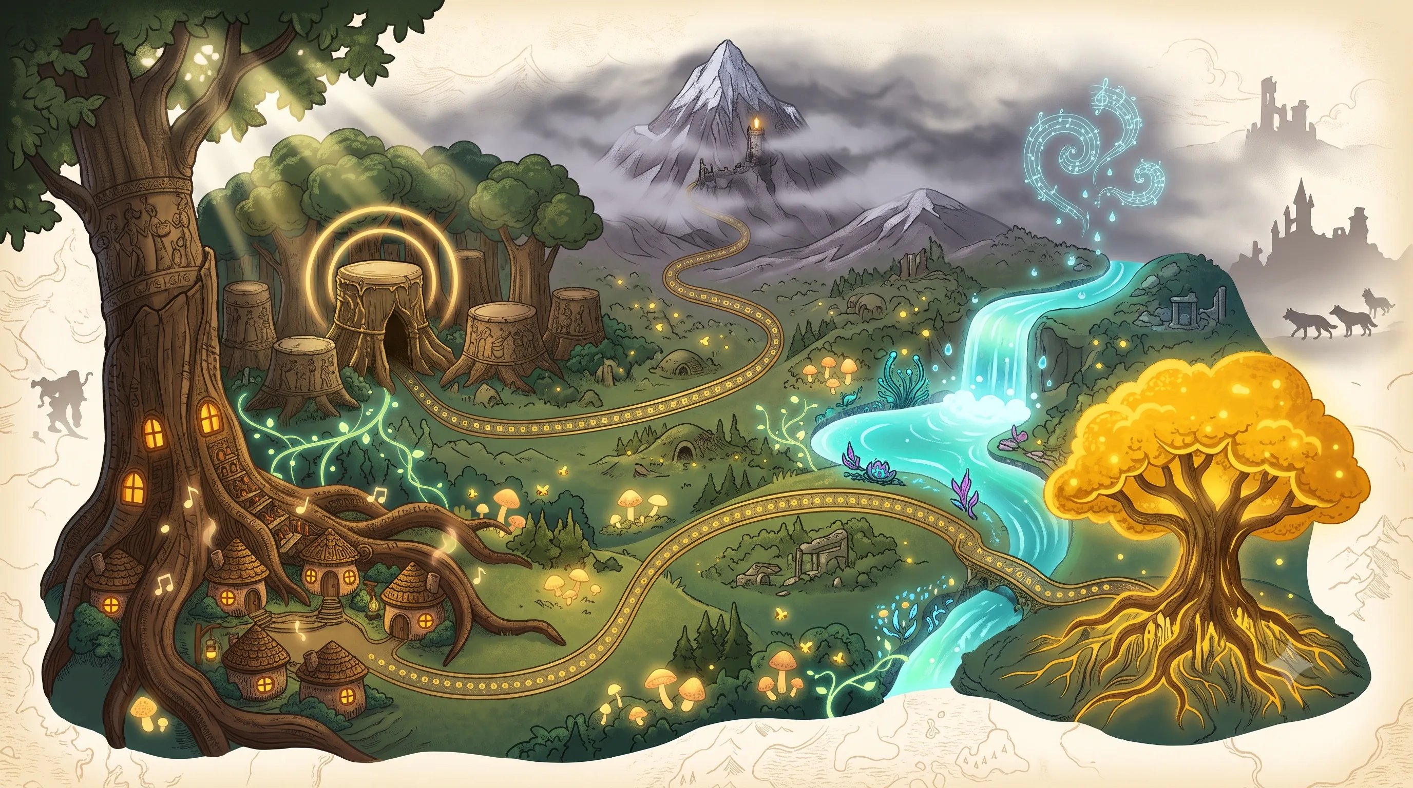 Map of the World of Raproot showing five regions: Rootsong Village, The Drumwood, The Dimming Peak, Riverglow Falls, and The Great Root Tree